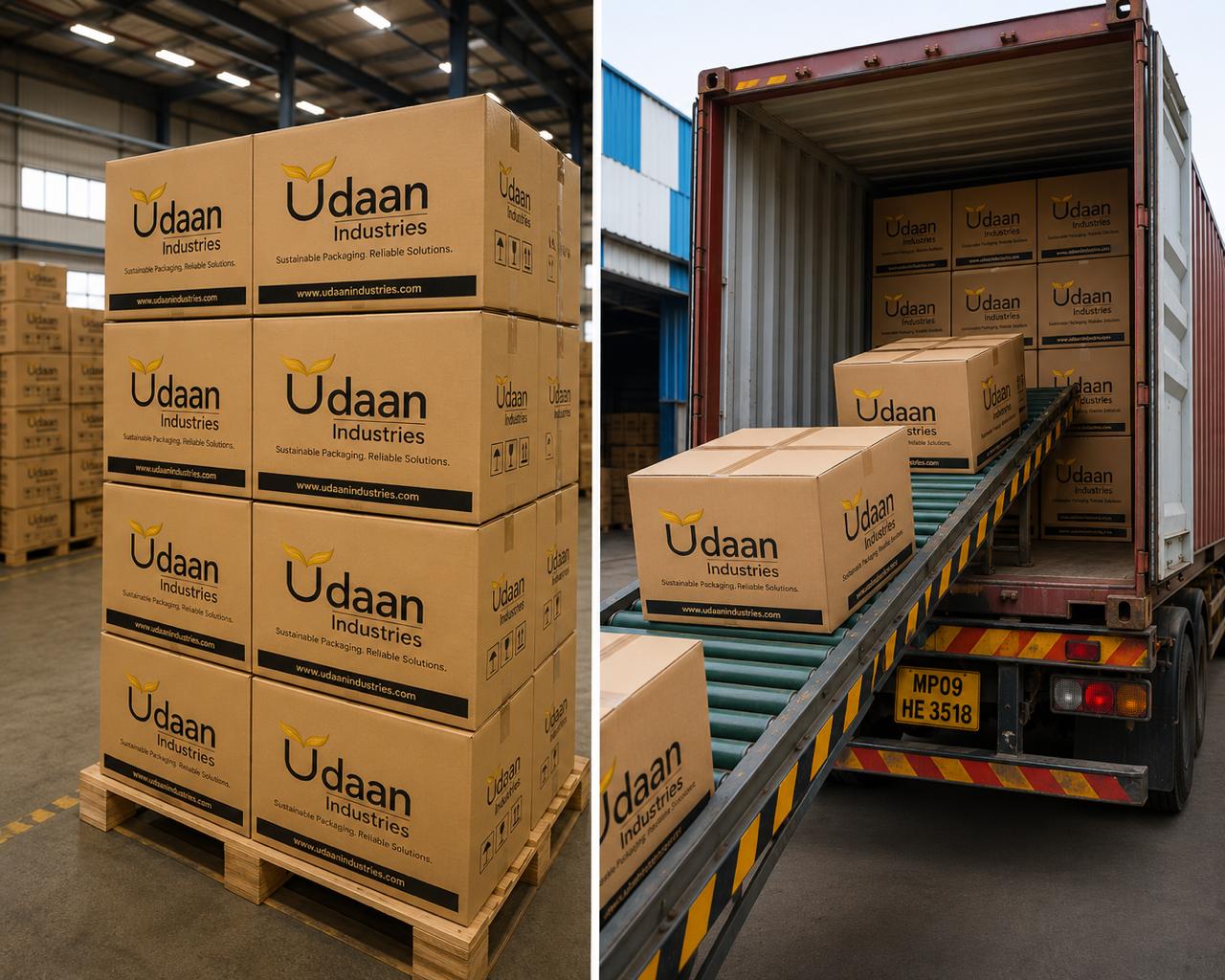 Udaan-branded boxes stacked on pallets and loaded into a truck